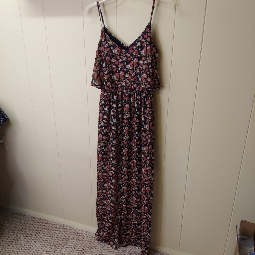 Express Floral Print V-Neck Maxi Layered Dress XS Slit Flowy Cottagecore